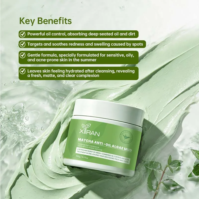 A green jar of matcha anti-oil algae mud on a smooth, green paste background with key benefits listed nearby.